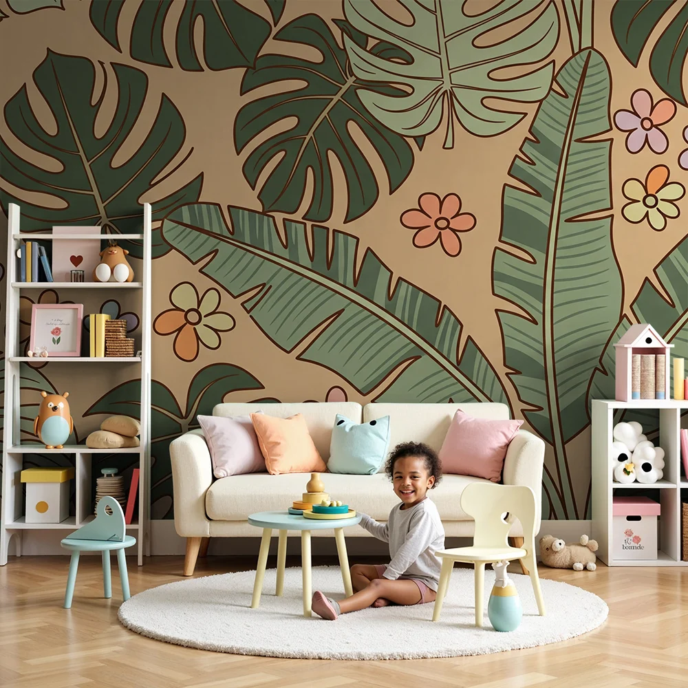 Papel de parede crianç | Folhas tropicais e flores coloridas em fundo bege