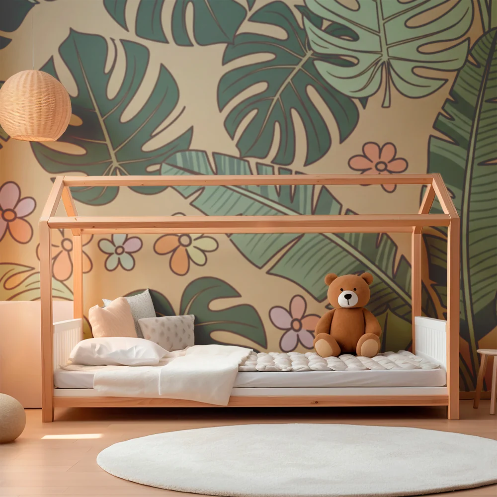 Papel de parede crianç | Folhas tropicais e flores coloridas em fundo bege