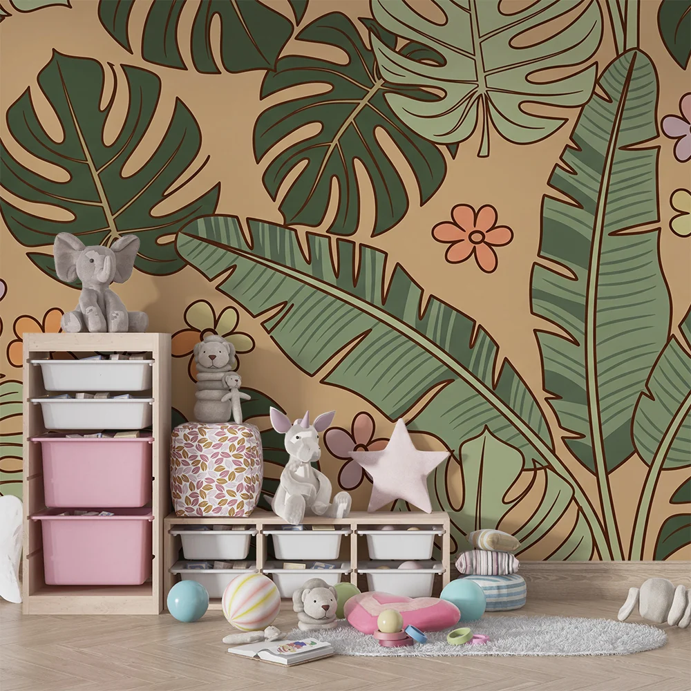 Papel de parede crianç | Folhas tropicais e flores coloridas em fundo bege