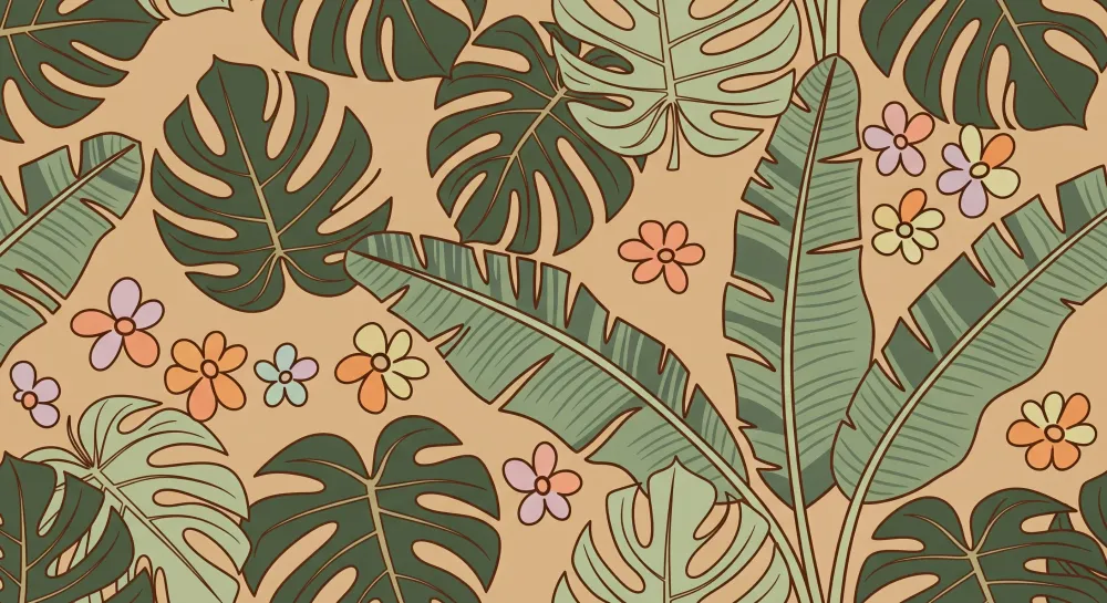 Papel de parede crianç | Folhas tropicais e flores coloridas em fundo bege