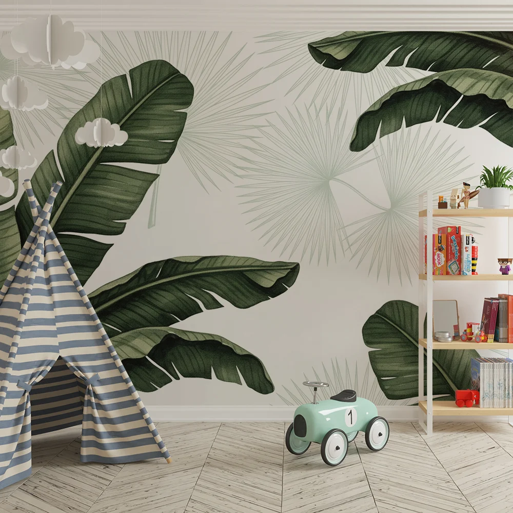 Papel de parede crianç | Folhas tropicais luxuriantes em fundo claro