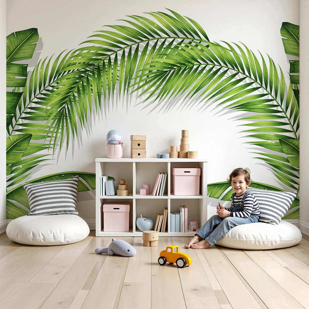 Papel de parede crianç | Folhas tropicais luxuriantes em fundo branco