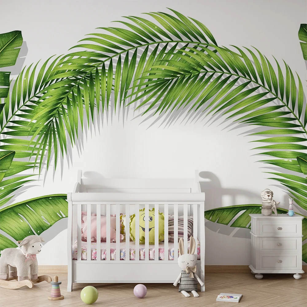 Papel de parede crianç | Folhas tropicais luxuriantes em fundo branco
