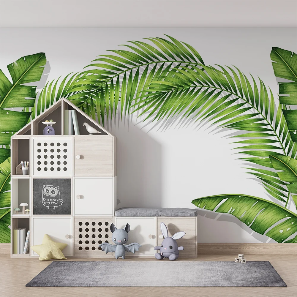 Papel de parede crianç | Folhas tropicais luxuriantes em fundo branco