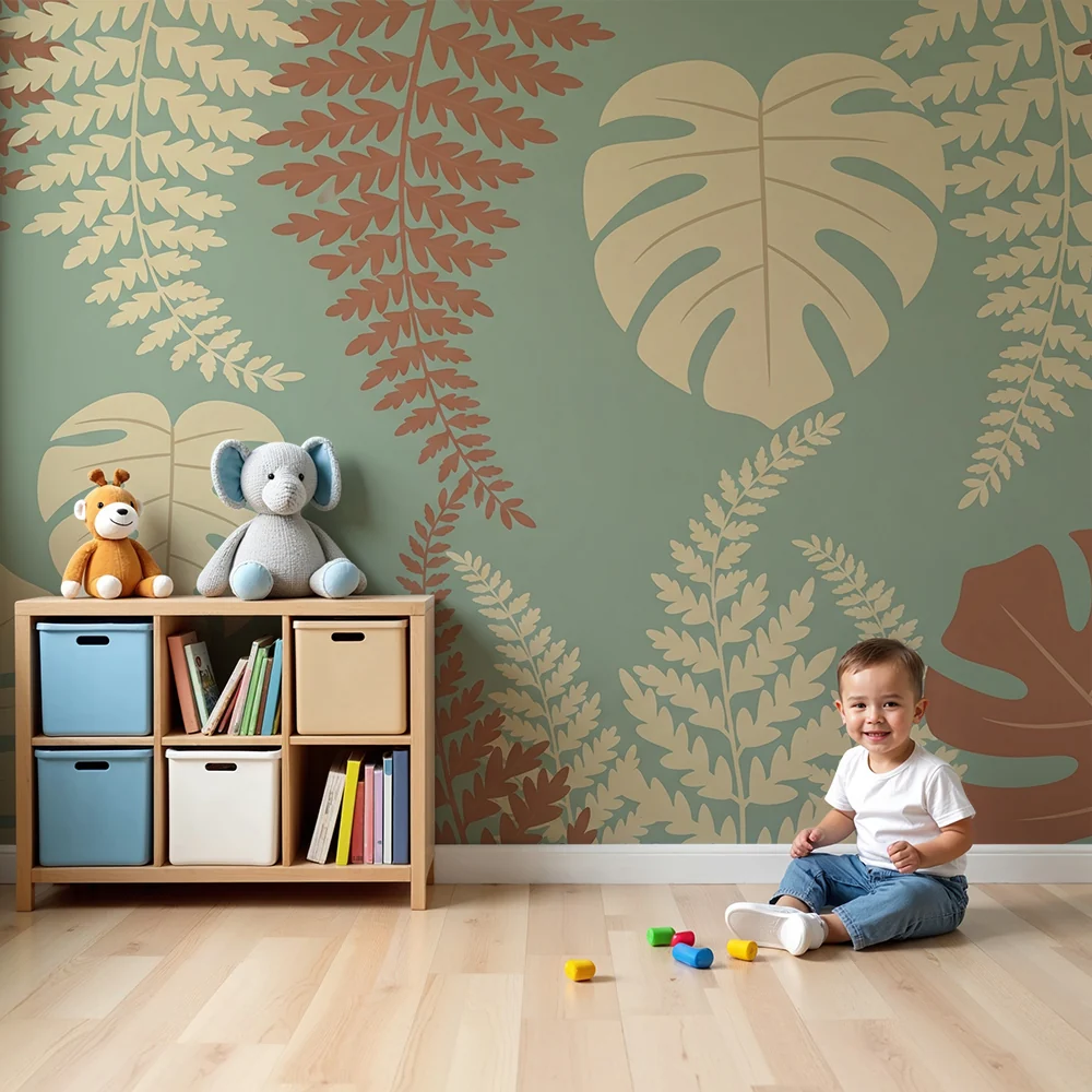 Papel de parede crianç | Folhas tropicais e samambaias