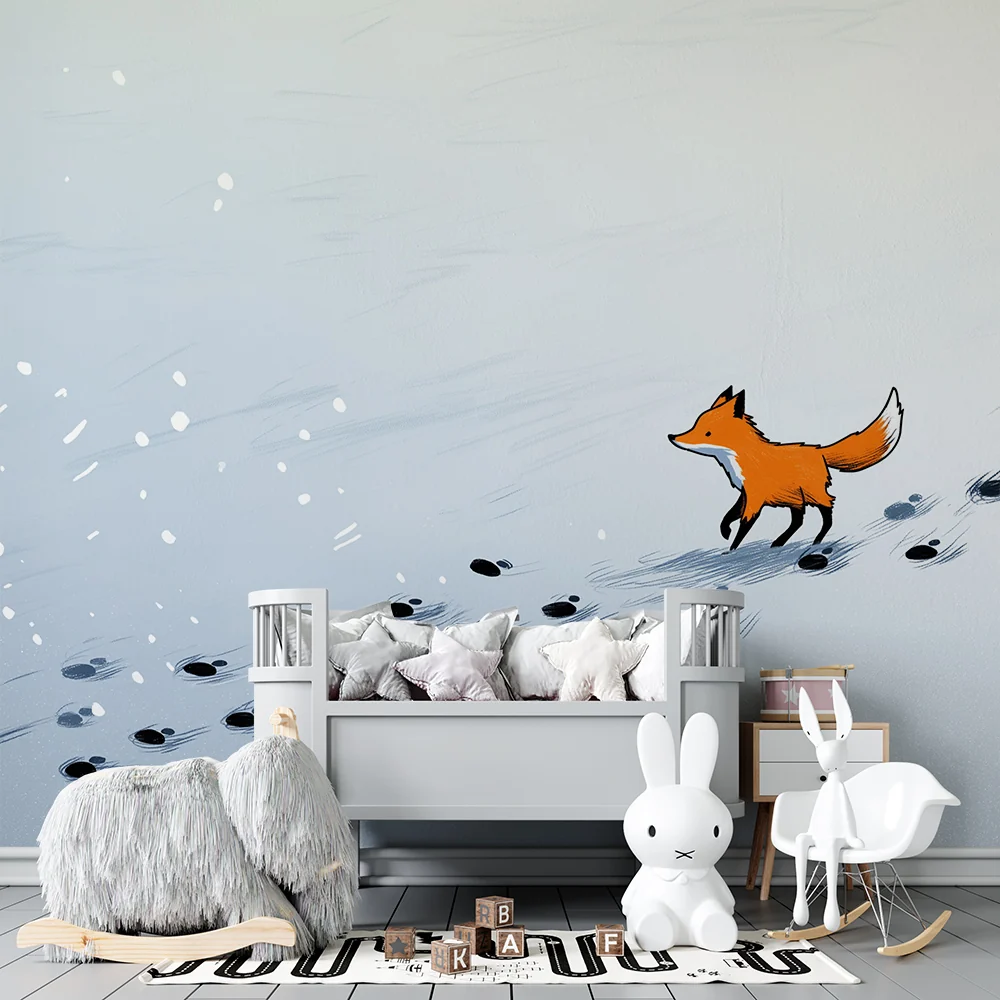 Papel de parede crianç | Fox travesso na neve com pegadas