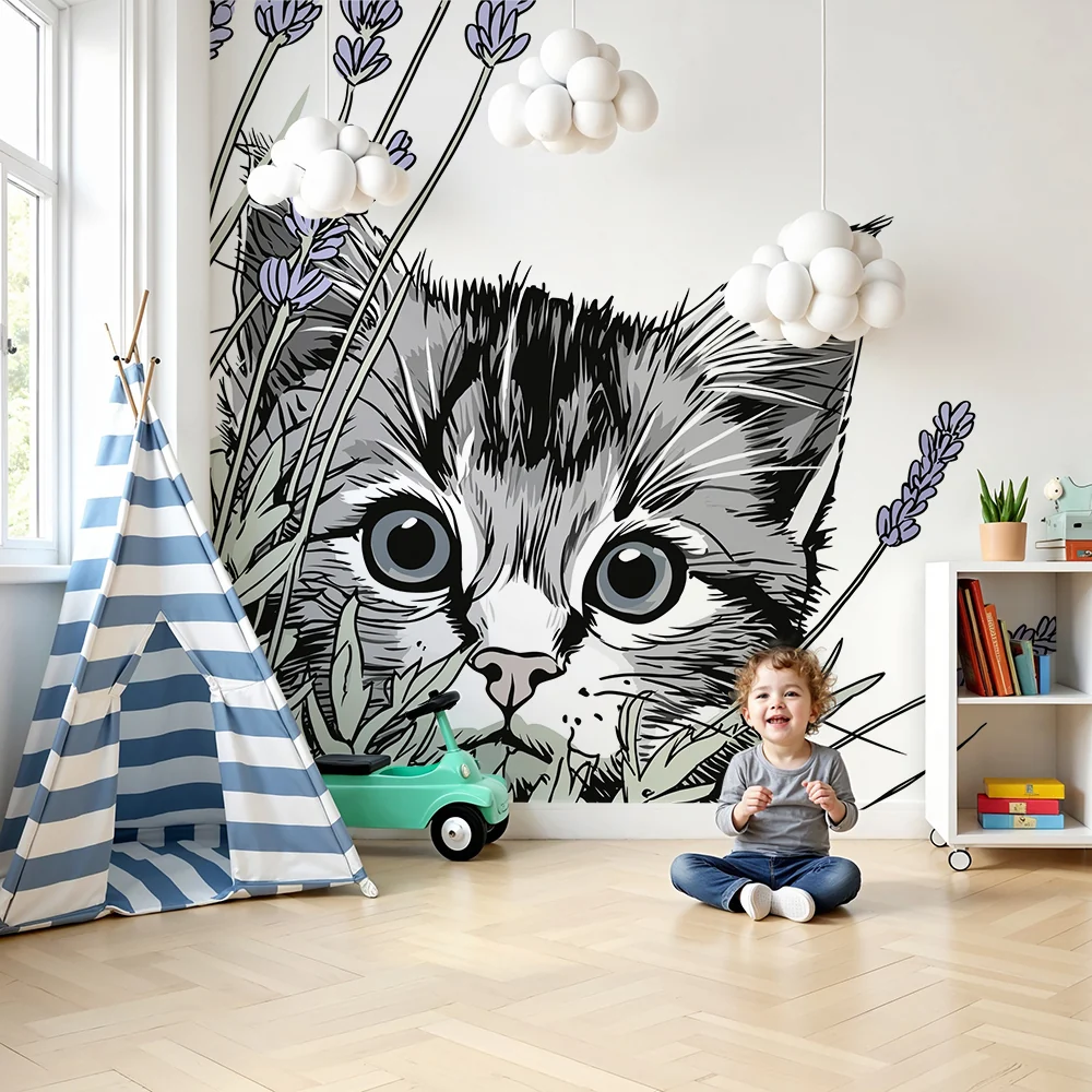 Papel de parede crianç | Gatinho curioso entre as lavandas