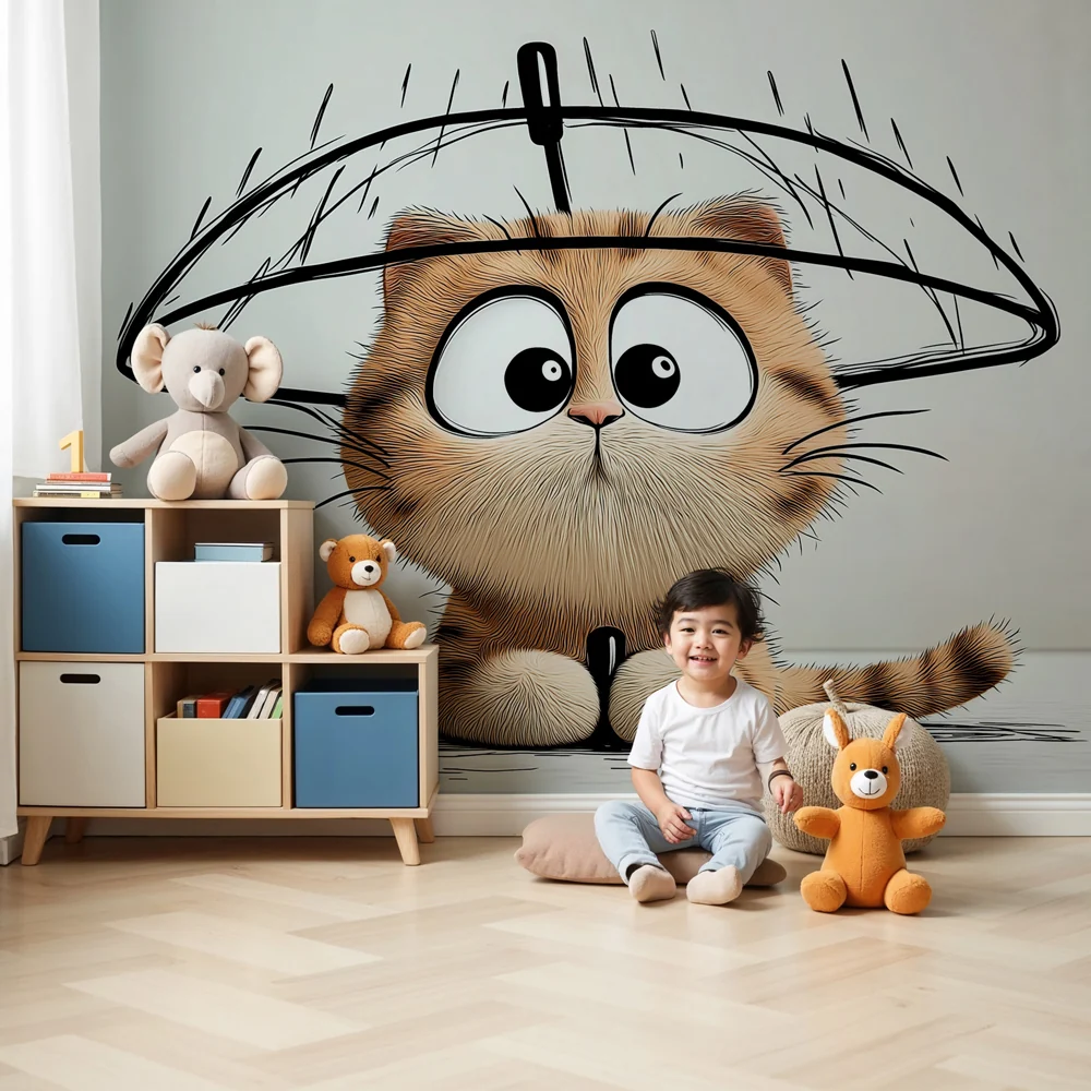 Papel de parede crianç | Gatinho engraçado debaixo de um guarda-chuva