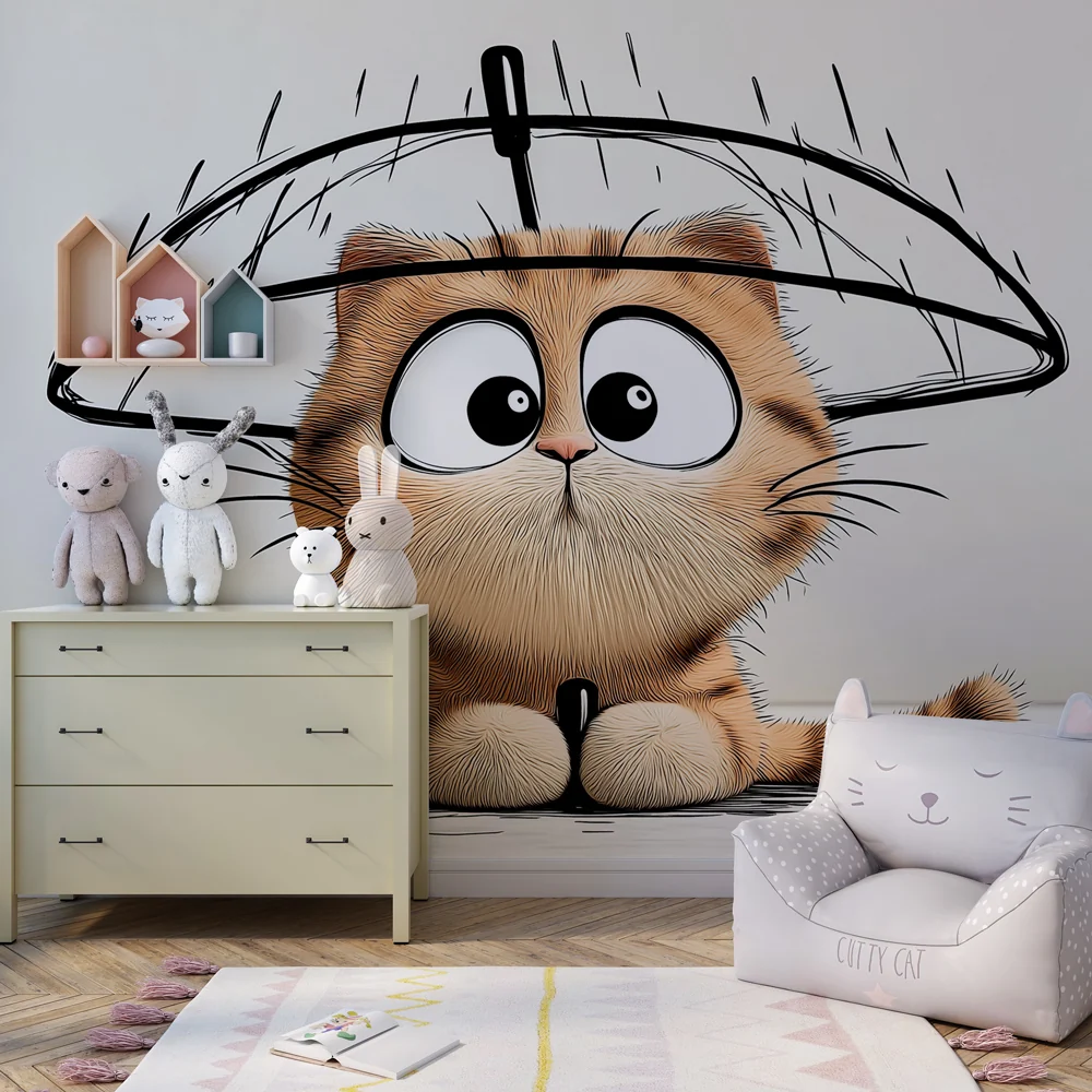 Papel de parede crianç | Gatinho engraçado debaixo de um guarda-chuva