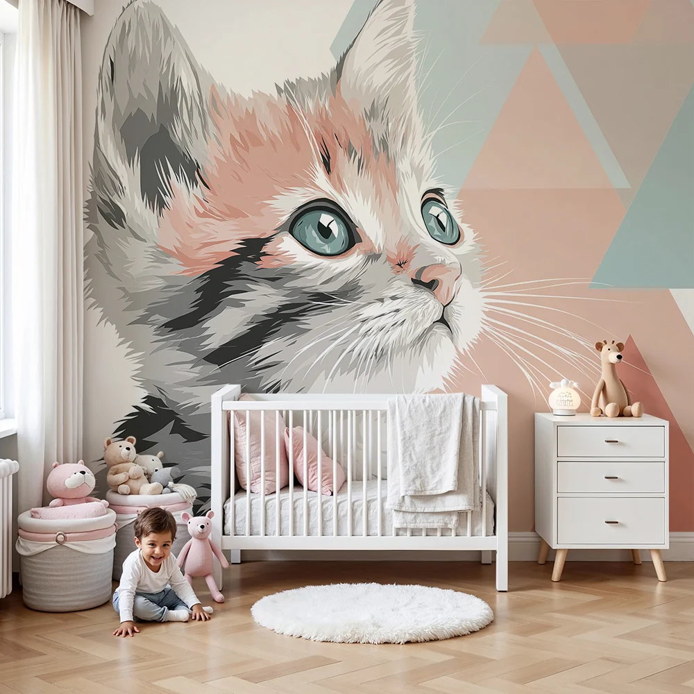 Papel de parede crianç | Gatinho fofo com formas geométricas pastel