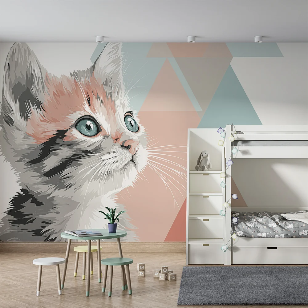 Papel de parede crianç | Gatinho fofo com formas geométricas pastel
