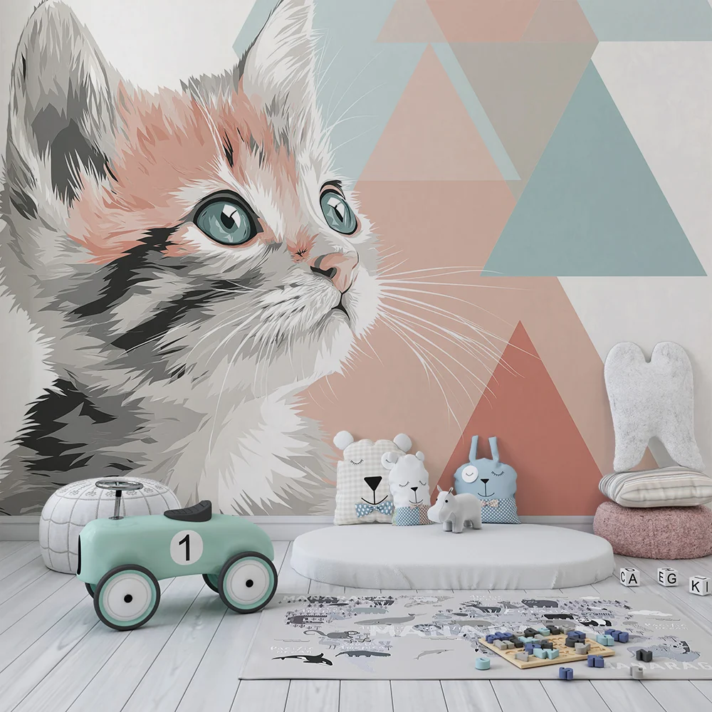Papel de parede crianç | Gatinho fofo com formas geométricas pastel