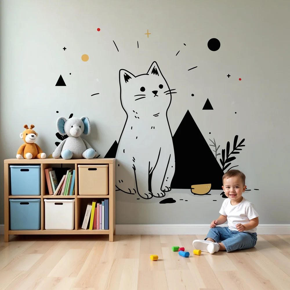 Papel de parede crianç | Gatinho fofo e elementos geométricos