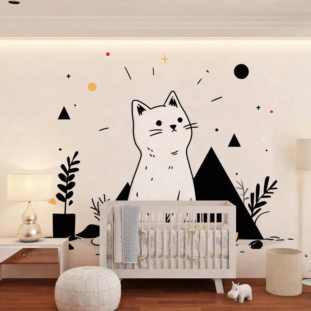 Papel de parede crianç | Gatinho fofo e elementos geométricos