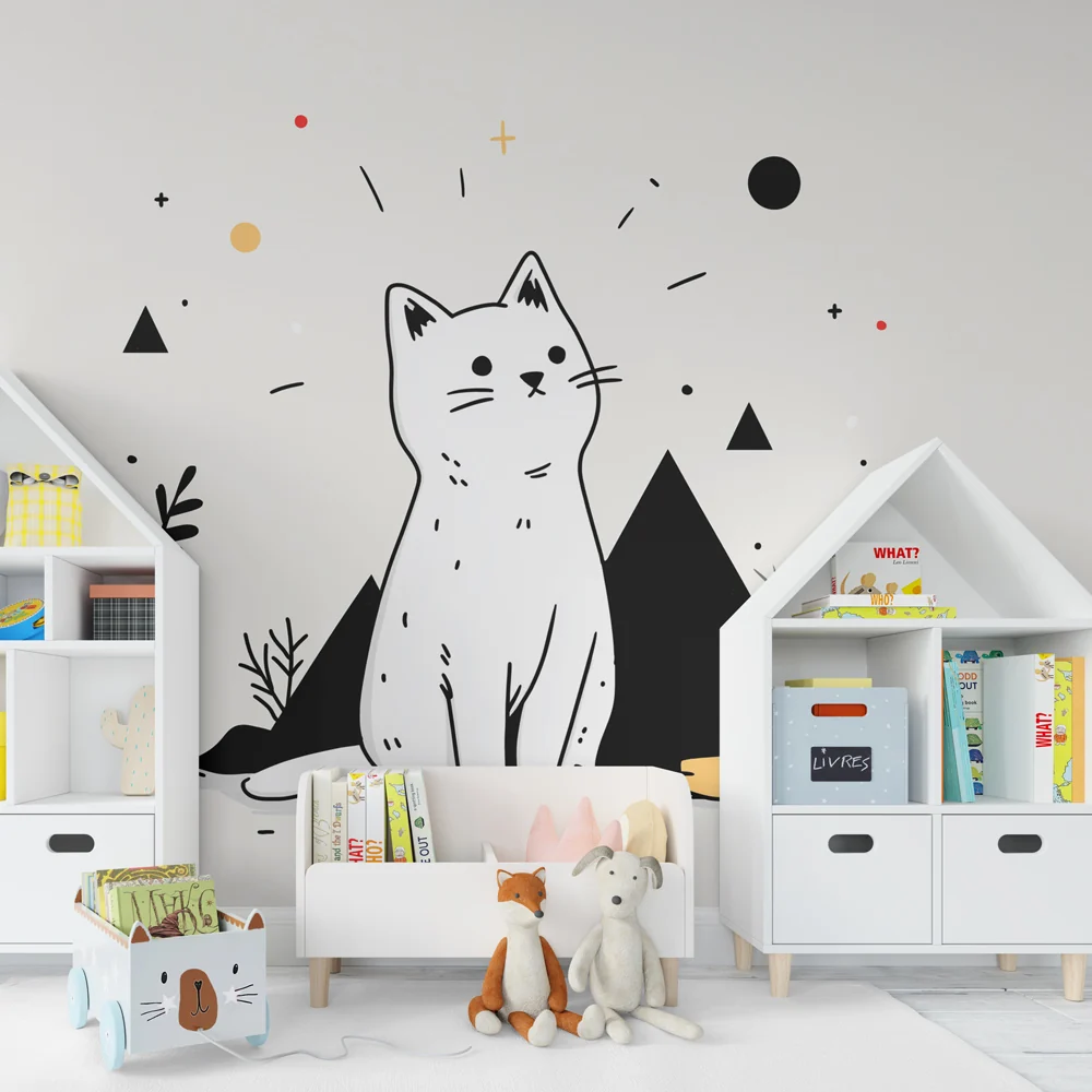 Papel de parede crianç | Gatinho fofo e elementos geométricos