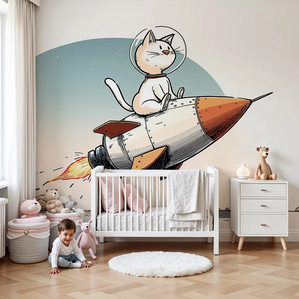 Papel de parede crianç | Gato astronauta em foguete no espaço