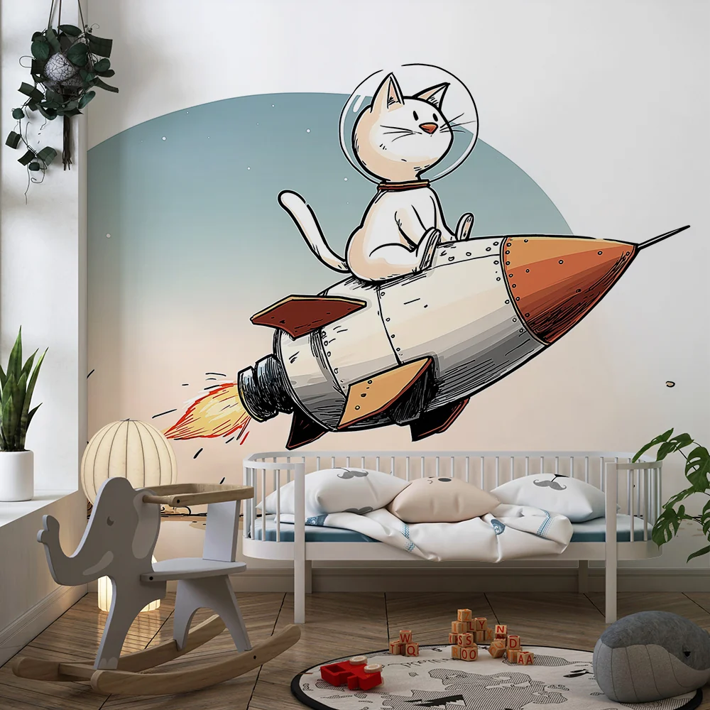 Papel de parede crianç | Gato astronauta em foguete no espaço