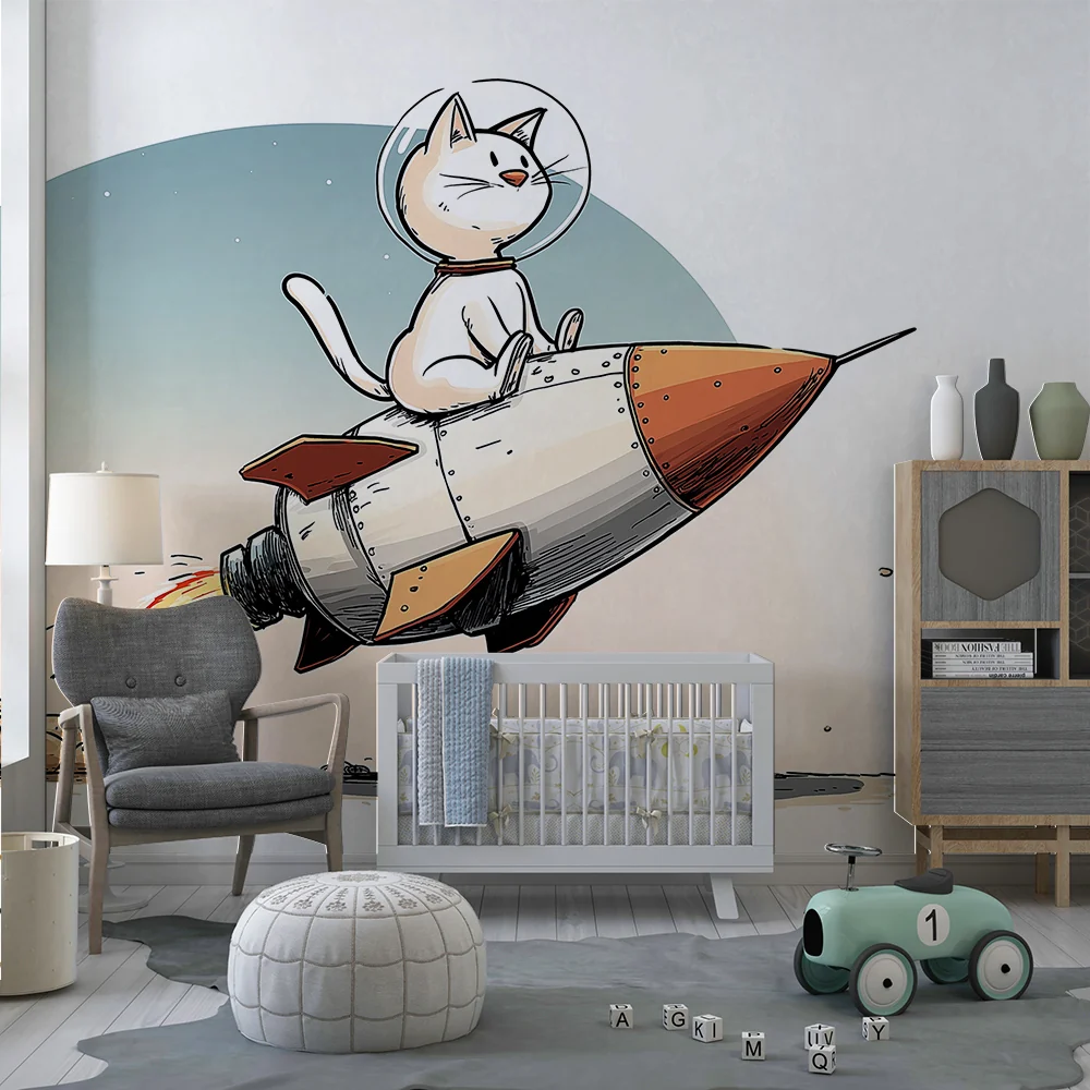 Papel de parede crianç | Gato astronauta em foguete no espaço