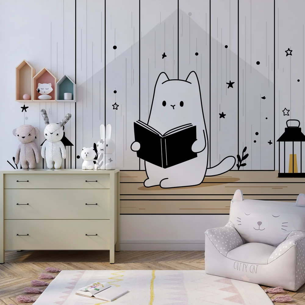 Papel de parede crianç | Gato leitor sob as estrelas