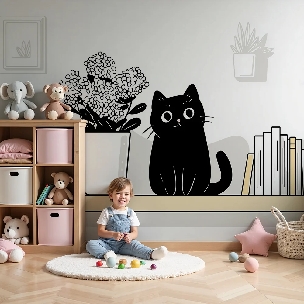 Papel de parede crianç | Gato preto travesso e flores delicadas