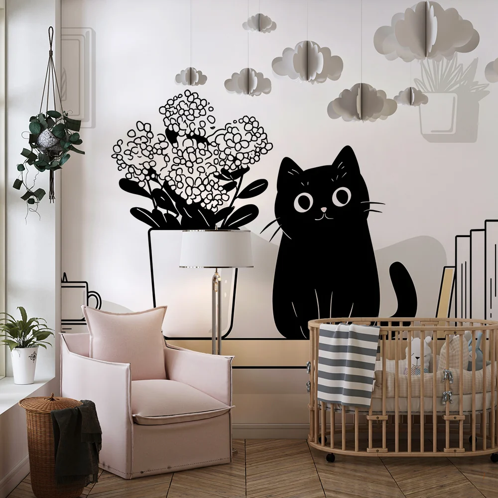 Papel de parede crianç | Gato preto travesso e flores delicadas