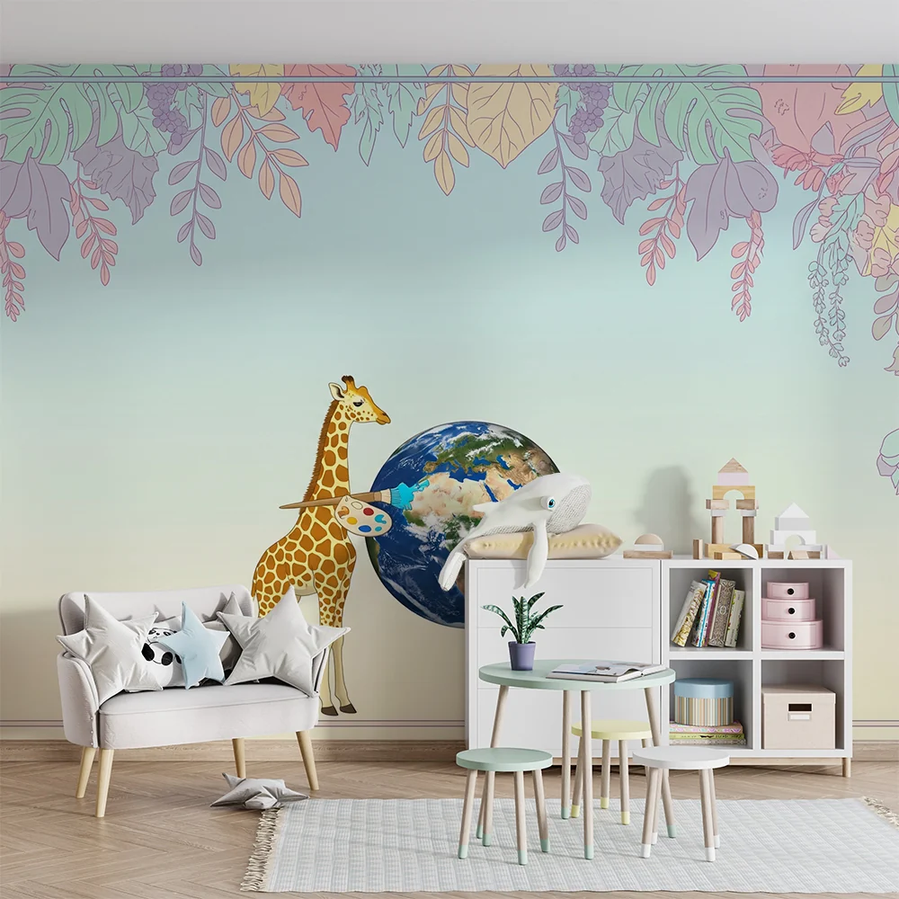 Papel de parede crianç | Girafa artista e globo terrestre em um cenário floral
