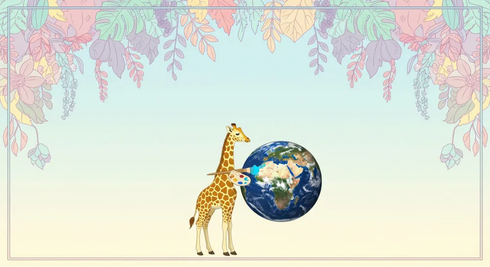 Papel de parede crianç | Girafa artista e globo terrestre em um cenário floral