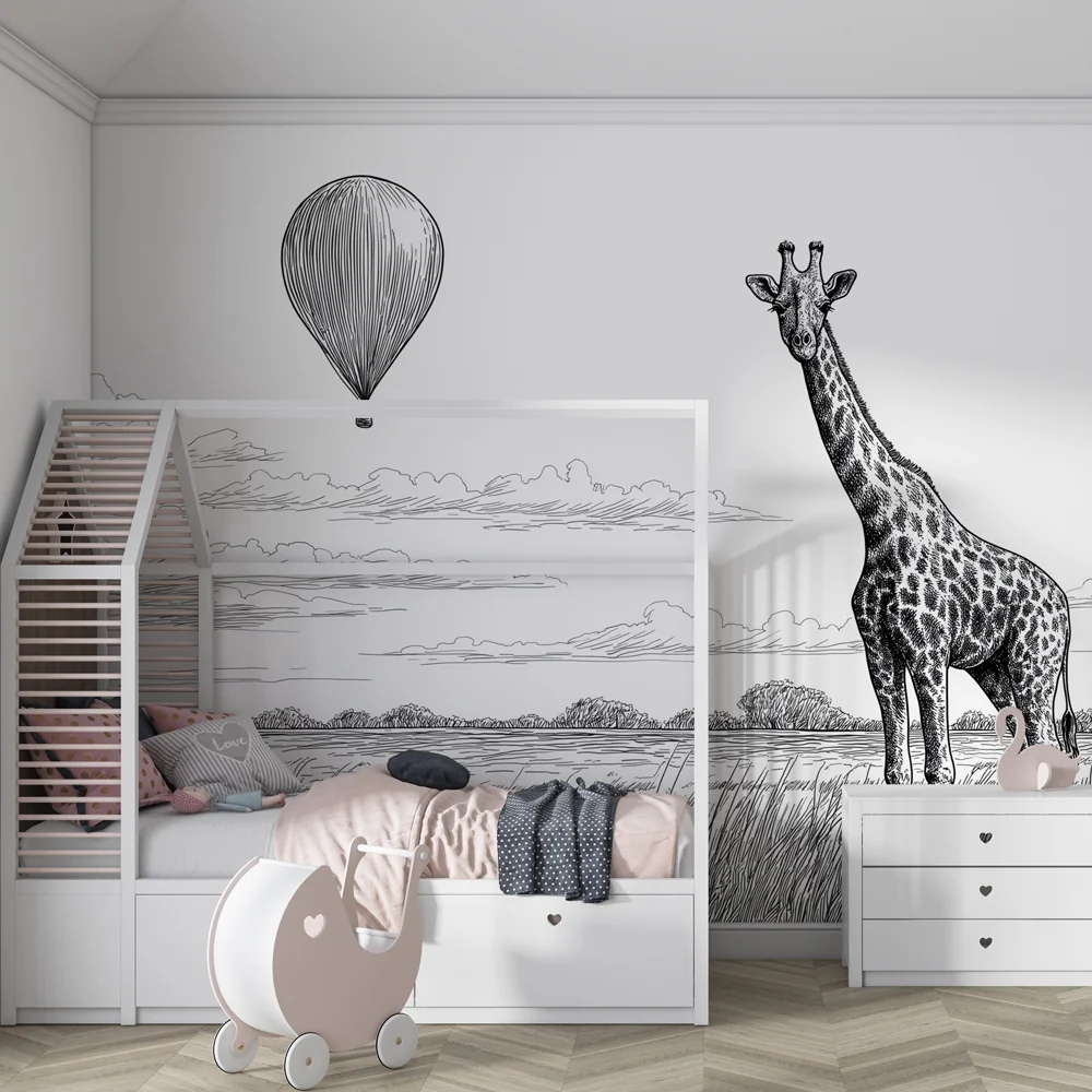 Papel de parede crianç | Girafa e balão de ar quente na savana