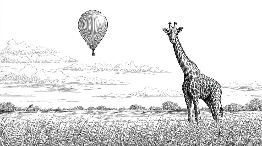 Papel de parede crianç | Girafa e balão de ar quente na savana