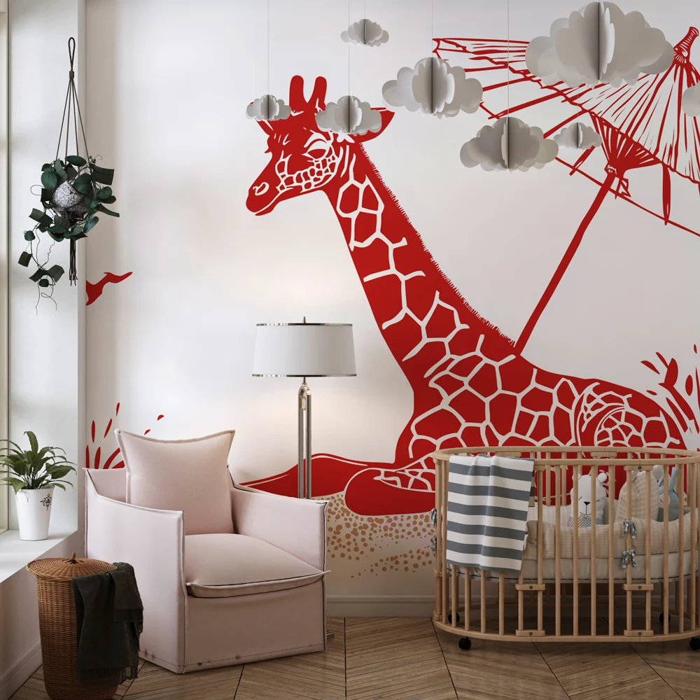 Papel de parede crianç | Girafa debaixo de um guarda-sol