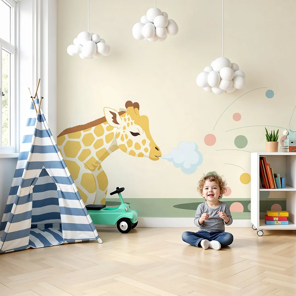 Papel de parede crianç | Girafa divertida com bolhas coloridas