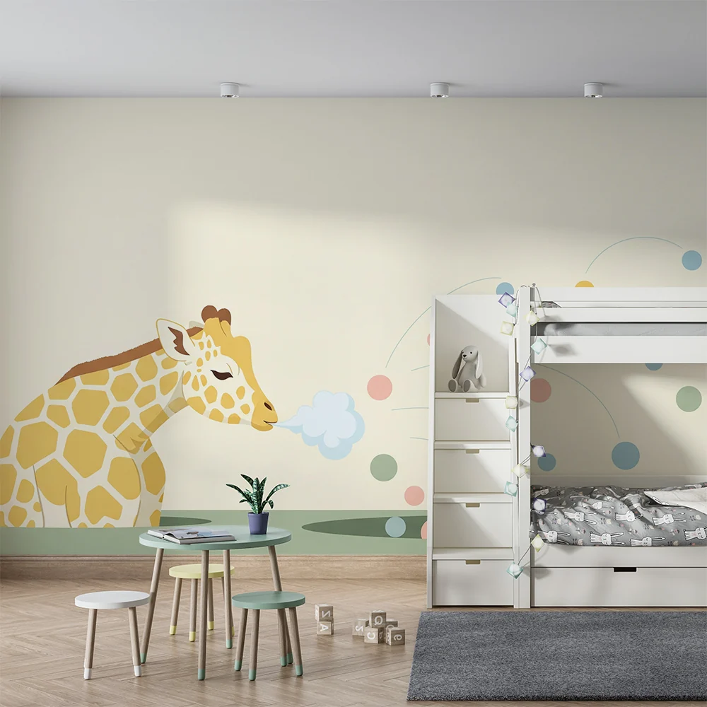 Papel de parede crianç | Girafa divertida com bolhas coloridas
