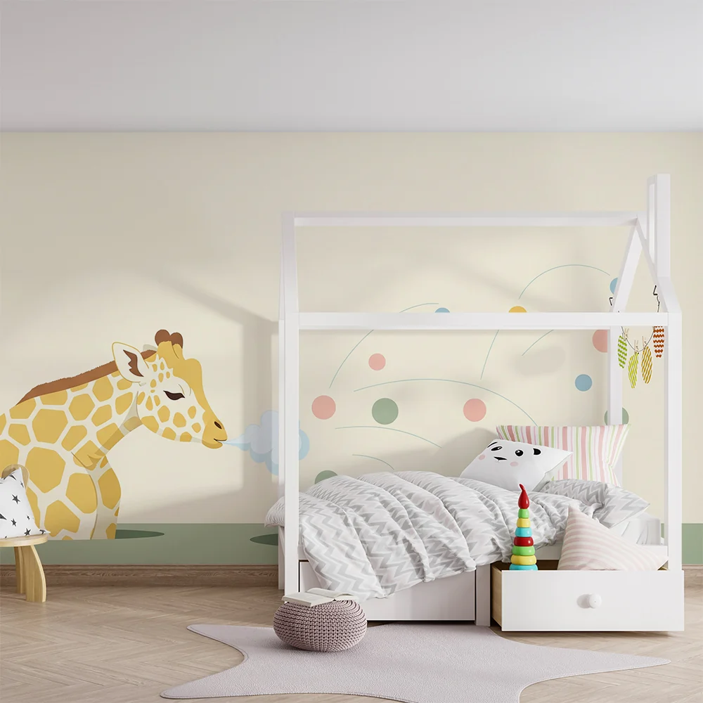 Papel de parede crianç | Girafa divertida com bolhas coloridas