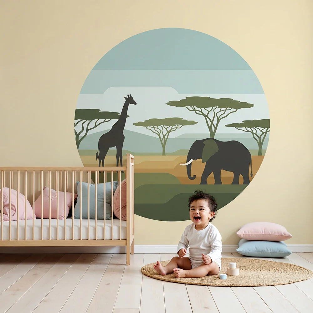 Papel de parede crianç | Girafa e elefante em uma paisagem africana estilizada