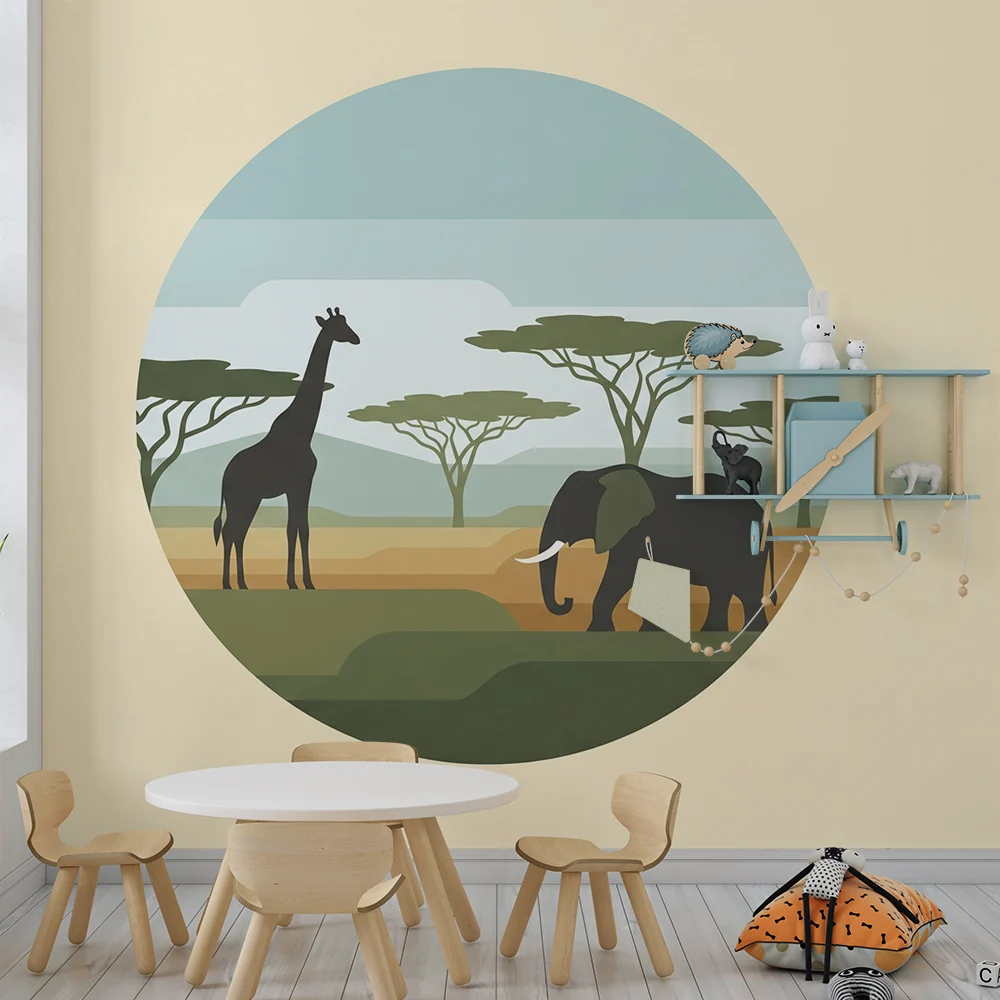 Papel de parede crianç | Girafa e elefante em uma paisagem africana estilizada