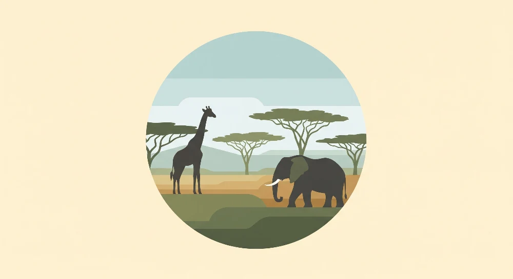 Papel de parede crianç | Girafa e elefante em uma paisagem africana estilizada