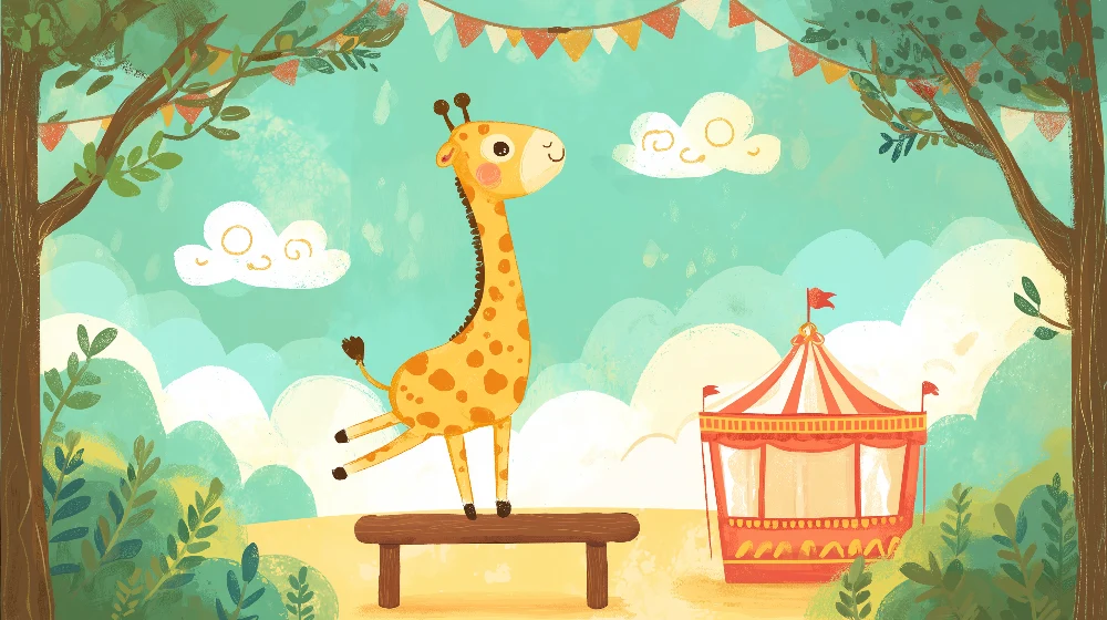 Papel de parede crianç | Girafa feliz sob um céu azul e um chapéu colorido