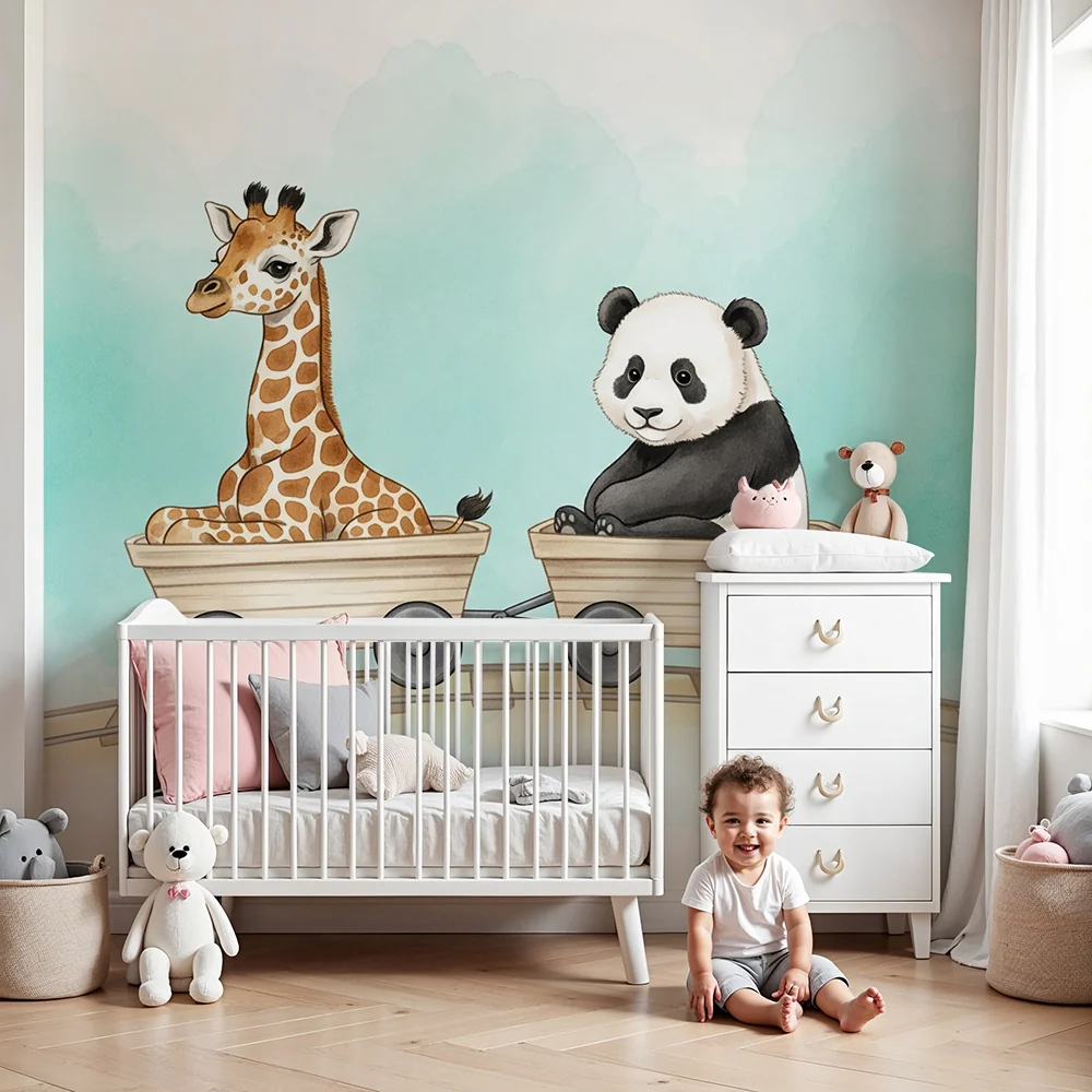 Papel de parede crianç | Girafa e panda em aventura