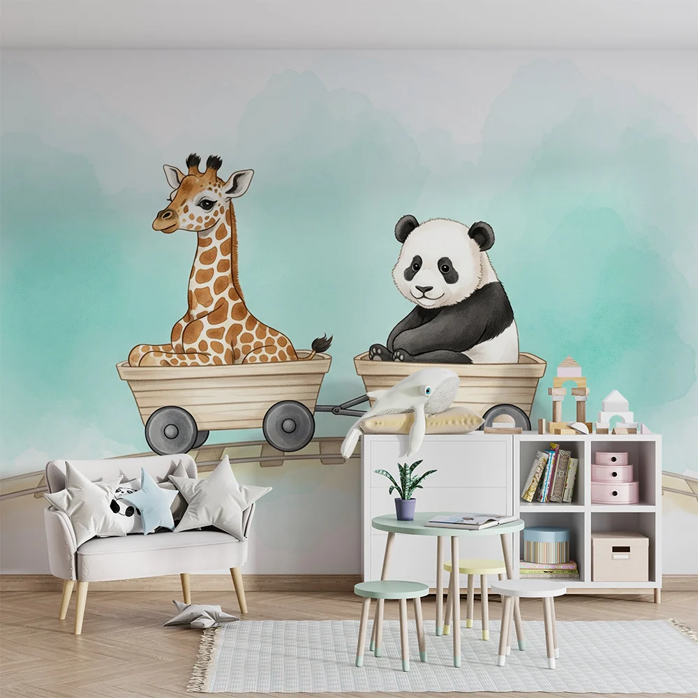 Papel de parede crianç | Girafa e panda em aventura