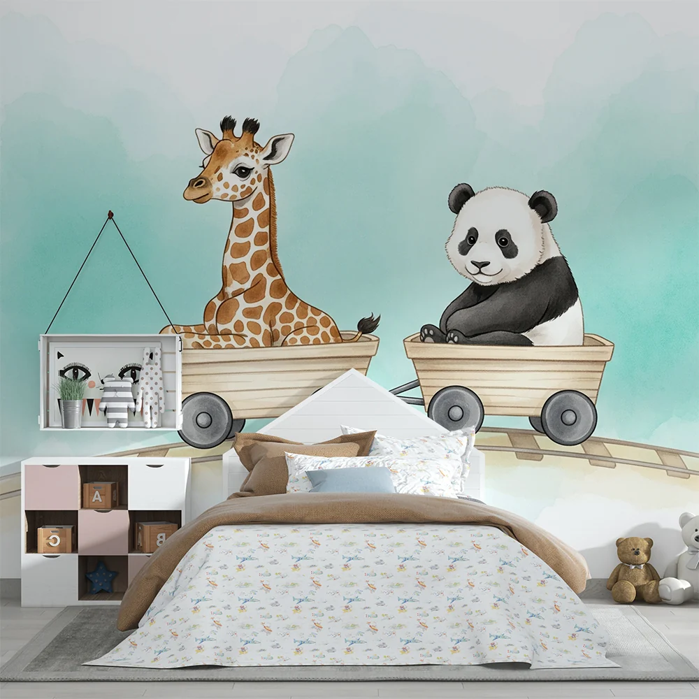 Papel de parede crianç | Girafa e panda em aventura