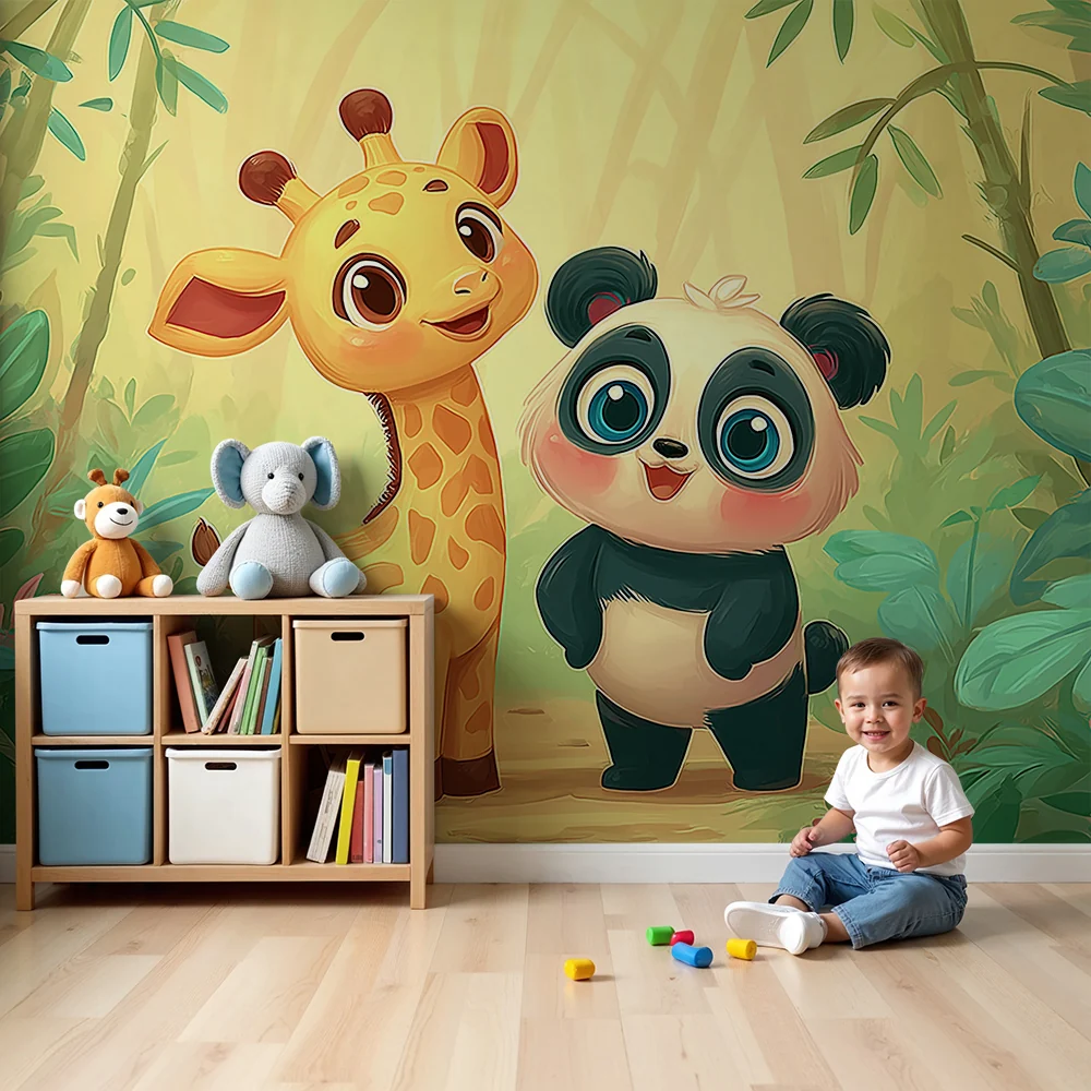 Papel de parede crianç | Girafa e panda em uma selva encantada
