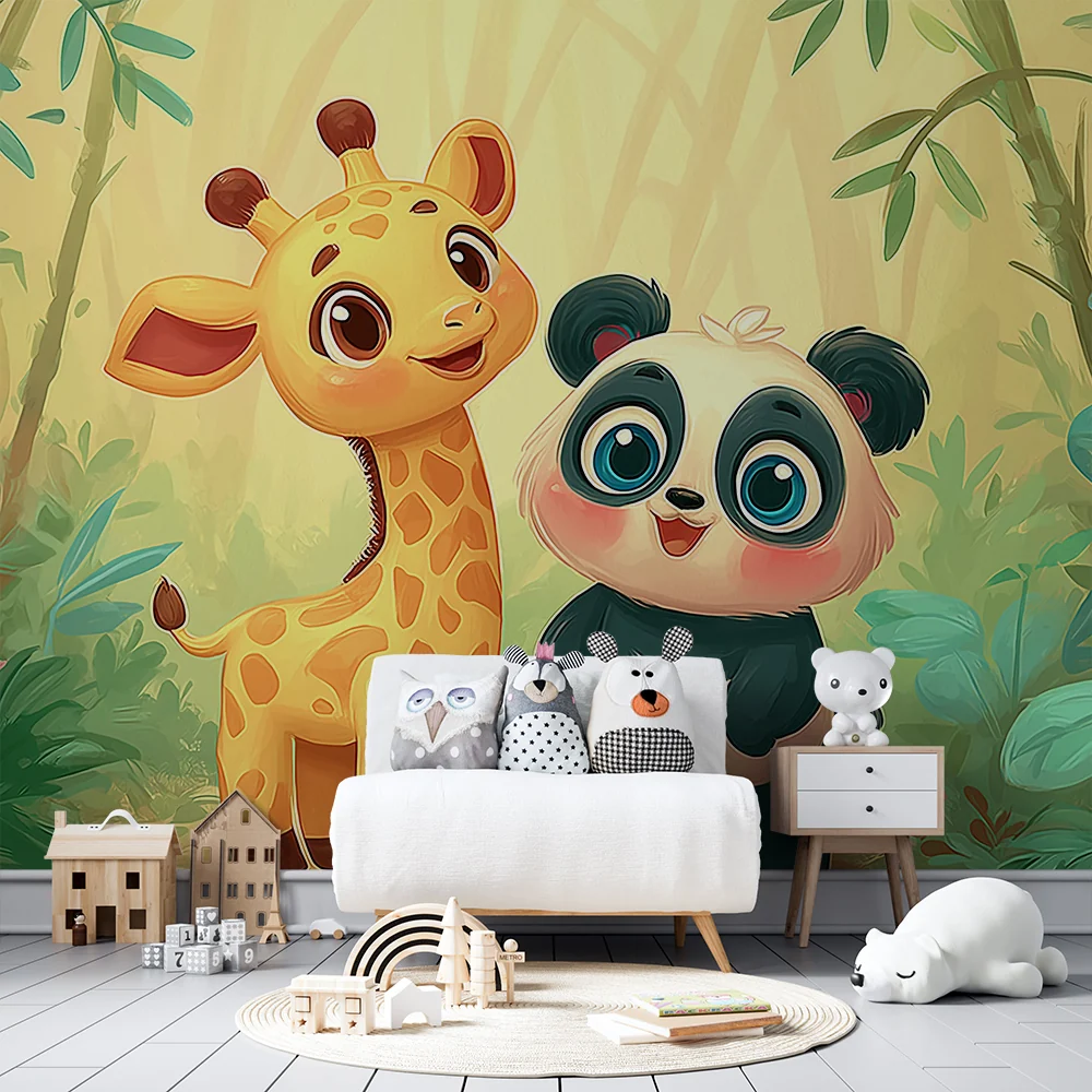 Papel de parede crianç | Girafa e panda em uma selva encantada