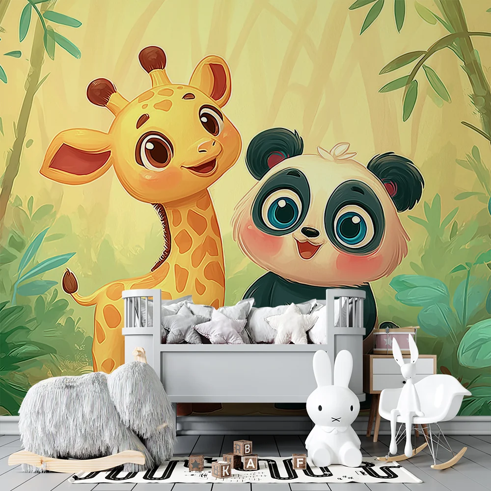 Papel de parede crianç | Girafa e panda em uma selva encantada