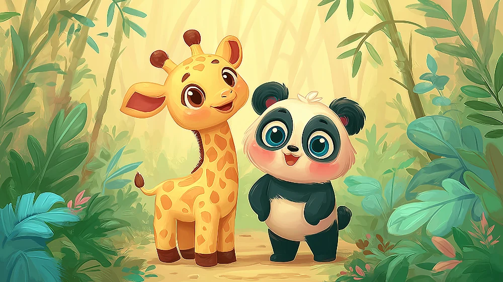Papel de parede crianç | Girafa e panda em uma selva encantada