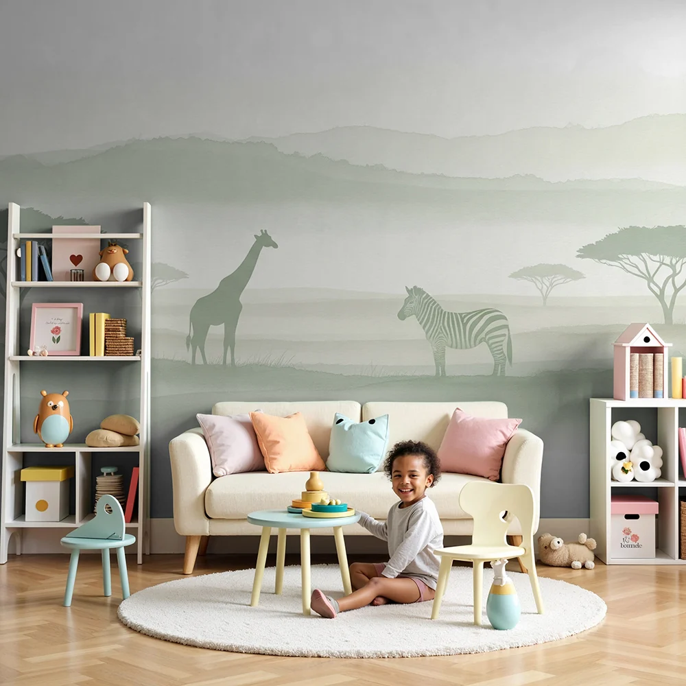 Papel de parede crianç | Girafa e zebra na savana