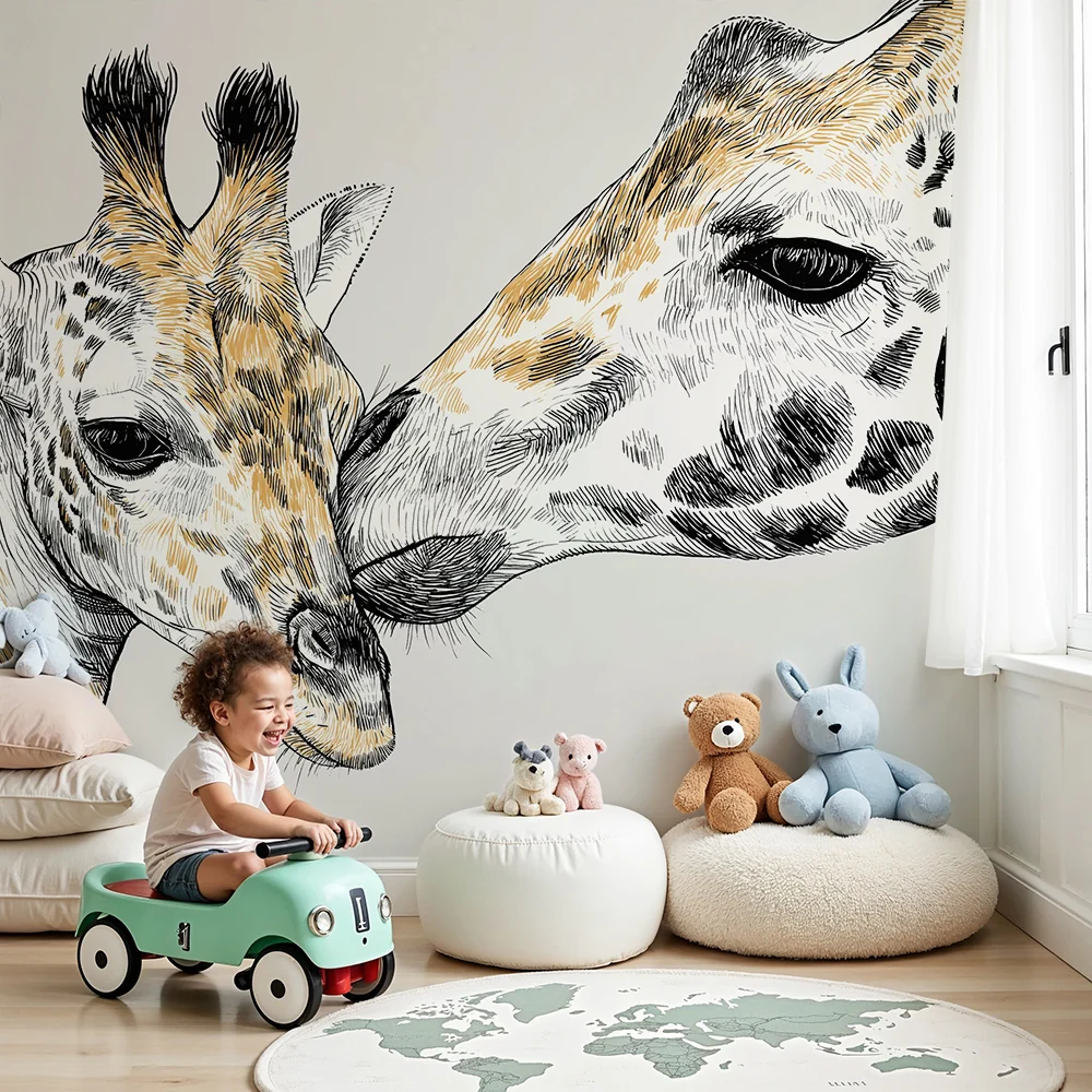 Papel de parede crianç | Girafas suaves em esboço em fundo neutro