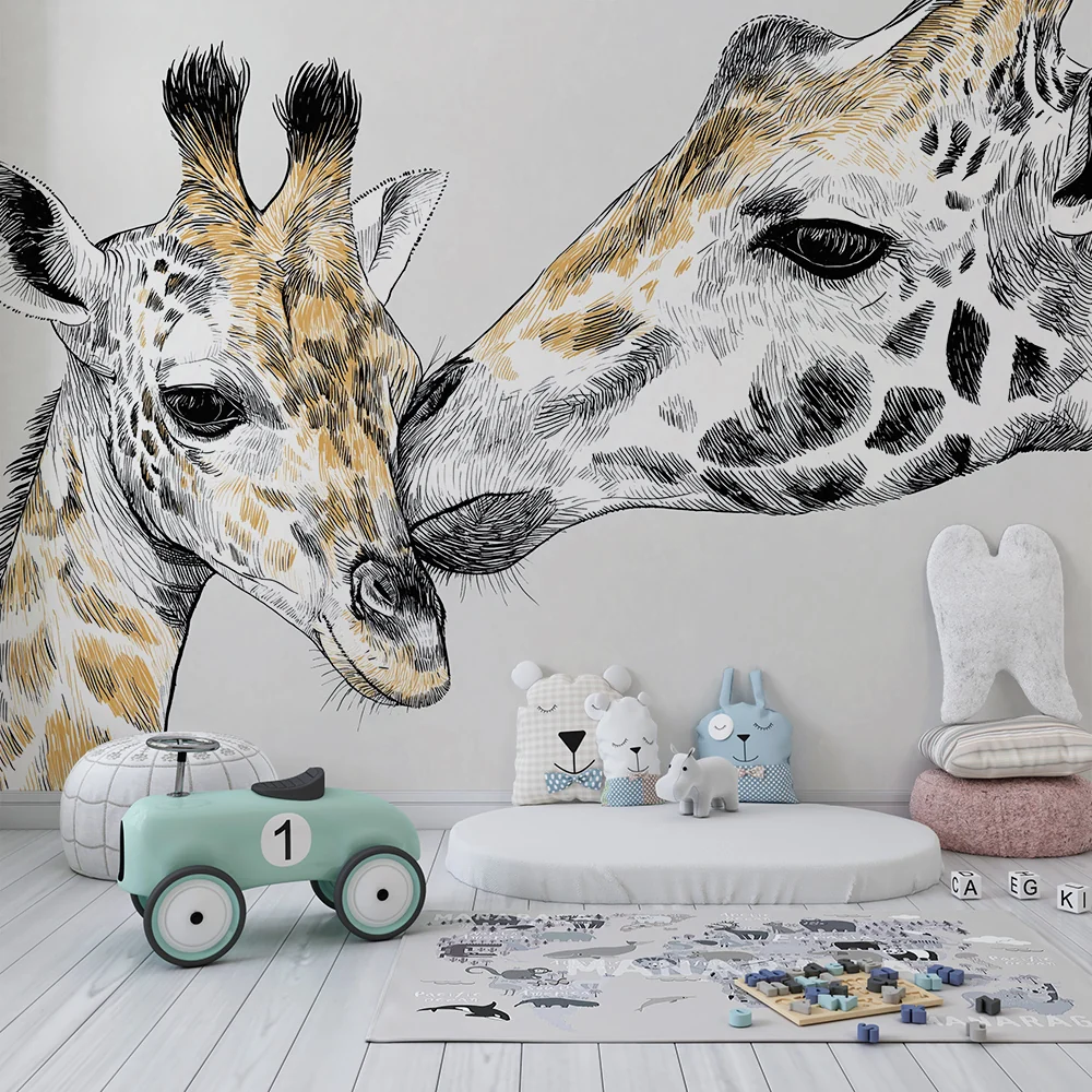 Papel de parede crianç | Girafas suaves em esboço em fundo neutro