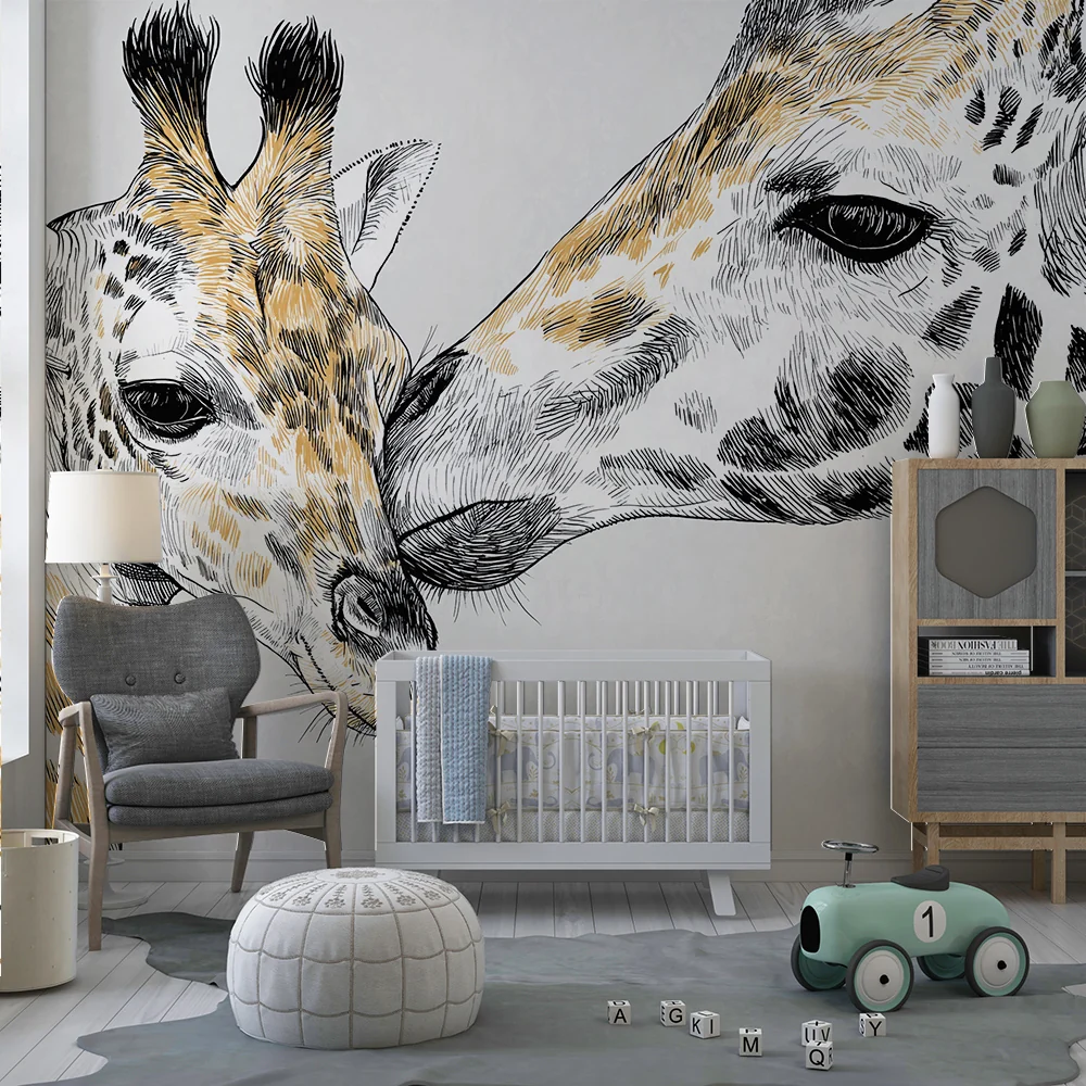Papel de parede crianç | Girafas suaves em esboço em fundo neutro