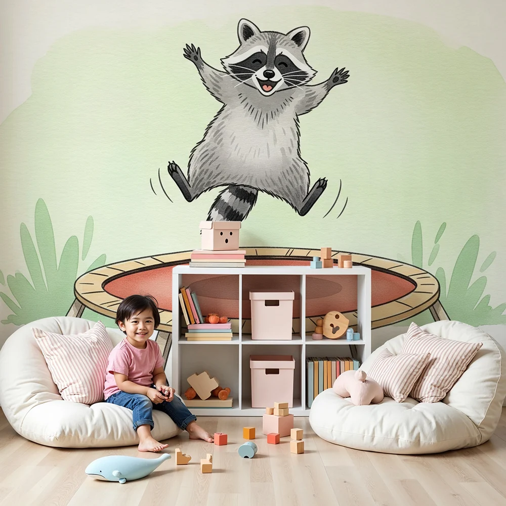 Papel de parede crianç | Guaxinim feliz em um trampolim