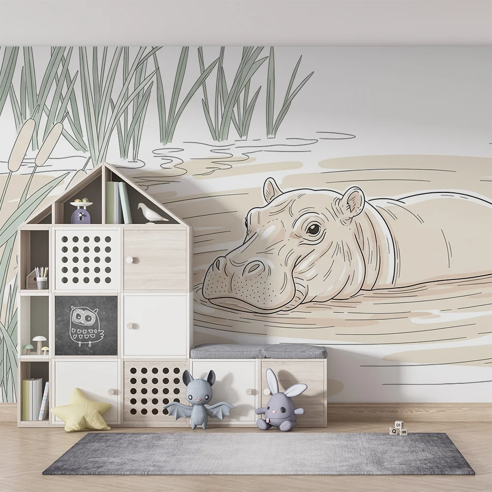 Papel de parede crianç | Hipopótamo pacífico em seu habitat aquático